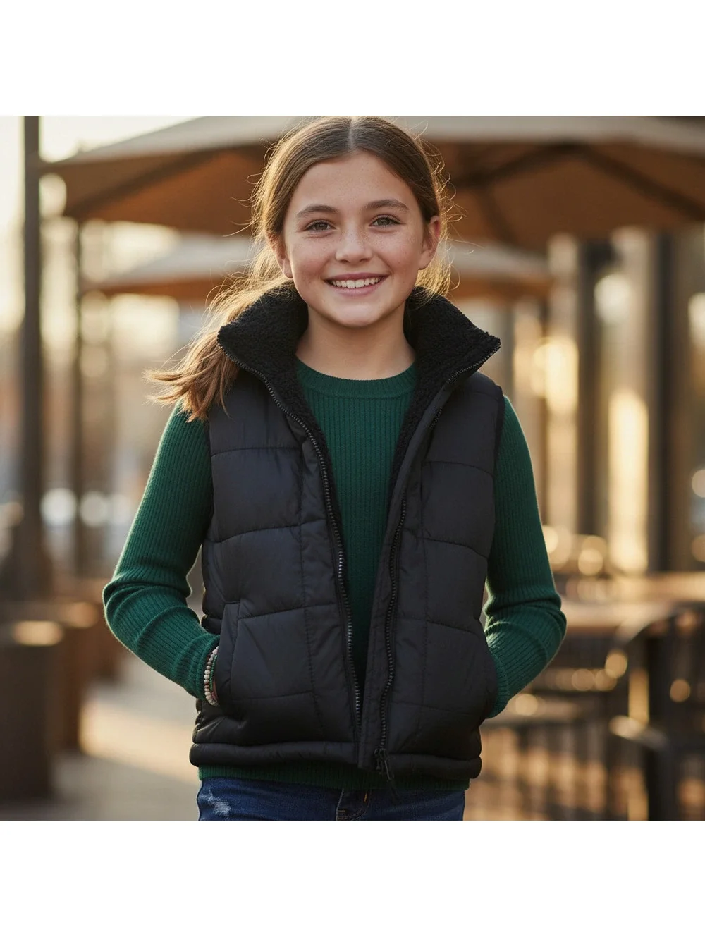 Yogalicious Quilted Puffer Vest, Size M (10), Black, Sherpa Lining